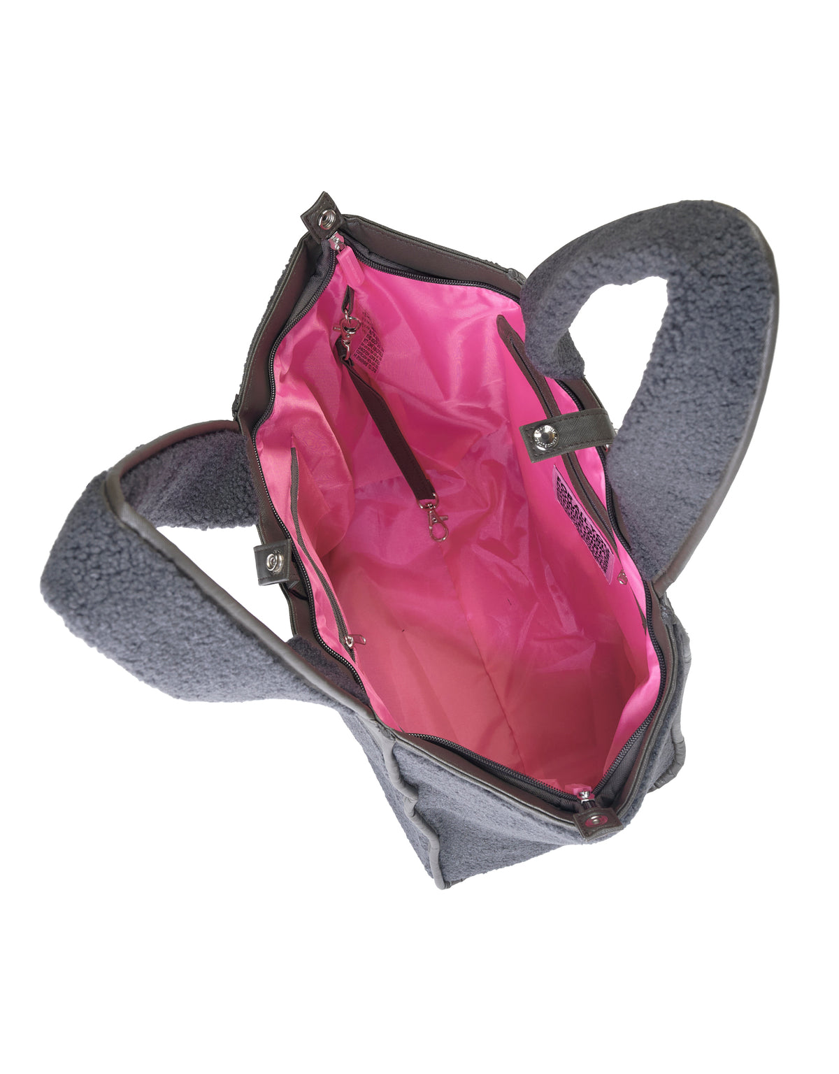 Graue Teddy-Tragetasche in mittlerer Größe mit weichen Henkeln, Reißverschluss, rosa Futter, Innentaschen und Schlüsselclip.