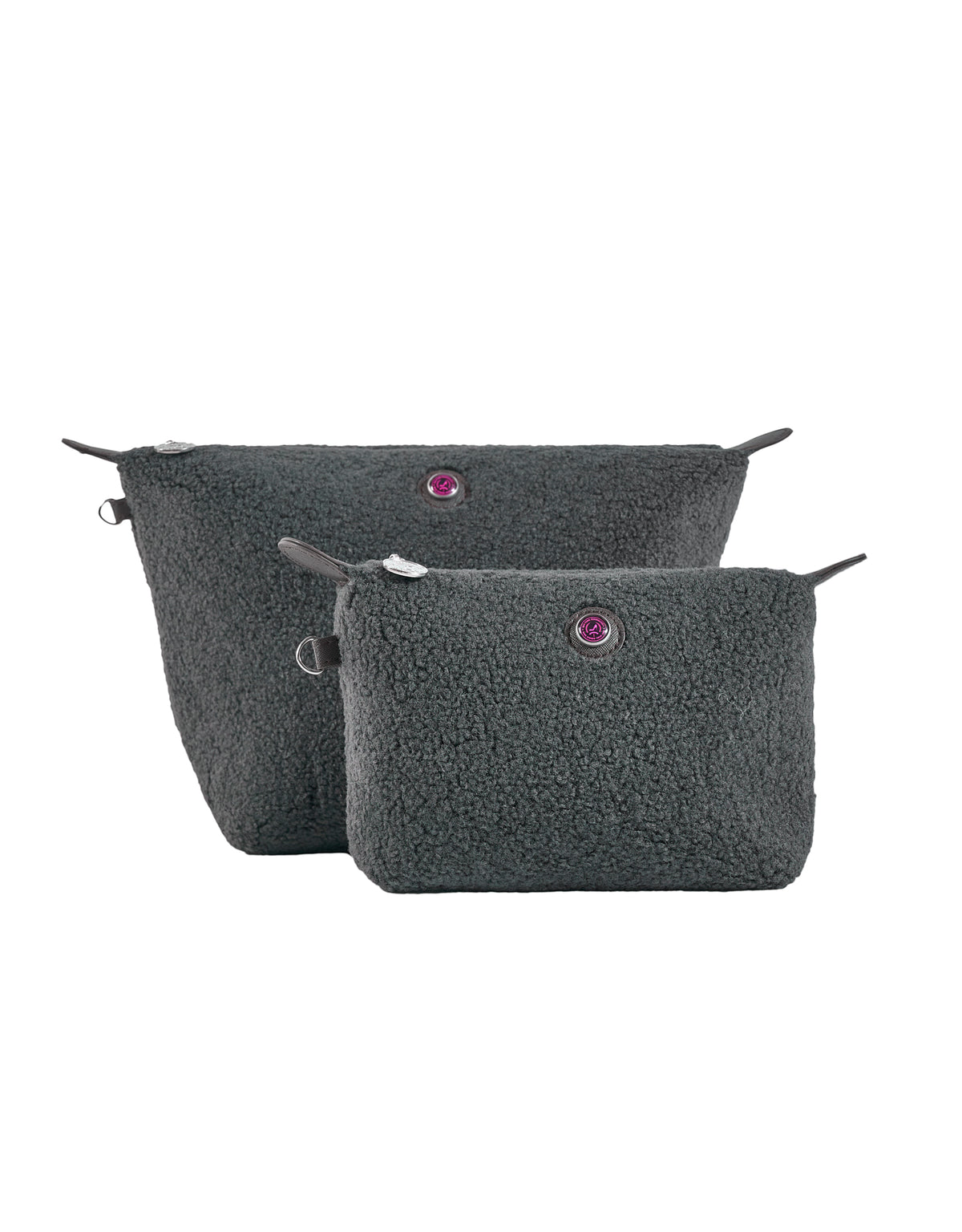 Gray teddy fabric toiletry bags, HAMBURG by All-time Favourites, large and small sizes, side by side.