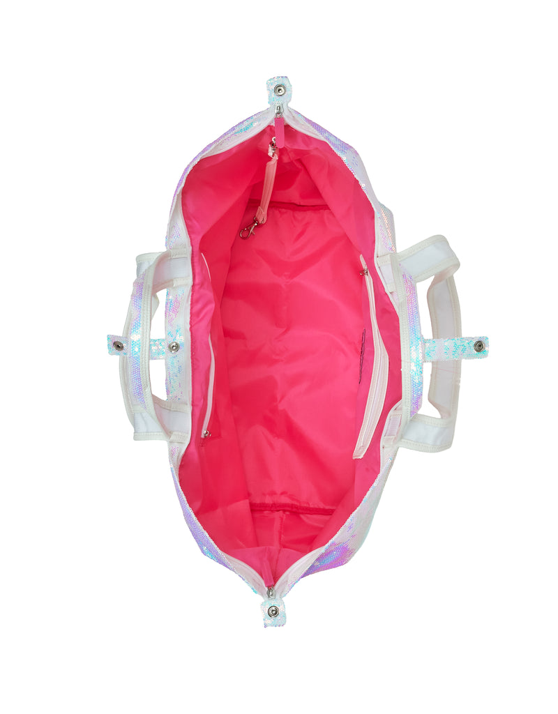 Top view of the ATF Dubai sequin tote bag with zipper and signature pink lining