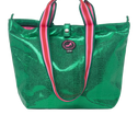 Small Tote Bag Venezia in metallic green croc print with striped handles, top zipper closure and signature logo detail.