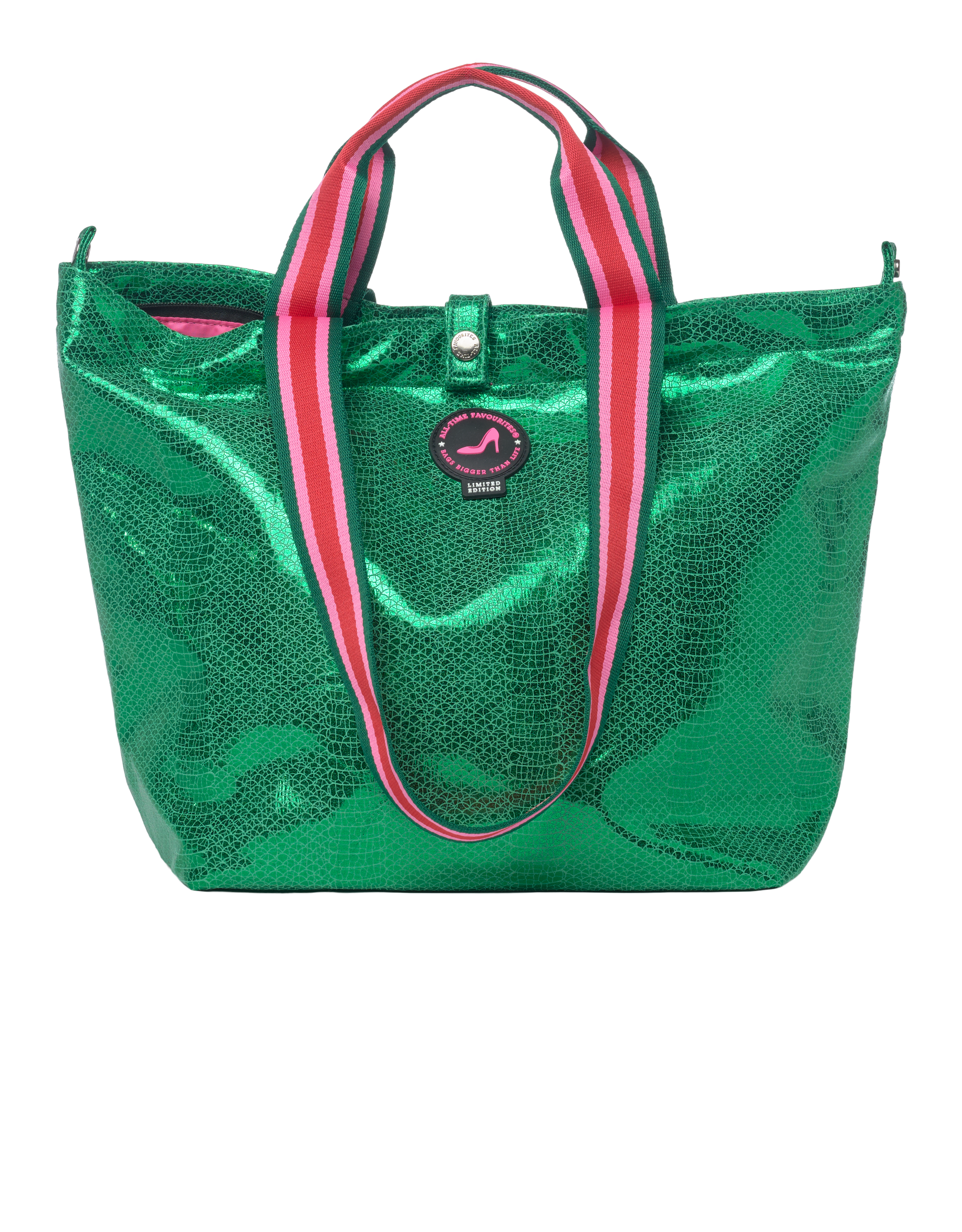 Small Tote Bag Venezia in metallic green croc print with striped handles, top zipper closure and signature logo detail.