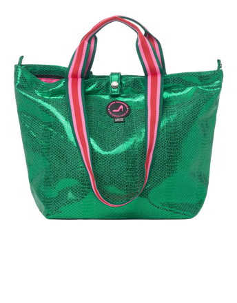 Small Tote Bag Venezia in metallic green croc print with striped handles, top zipper closure and signature logo detail.