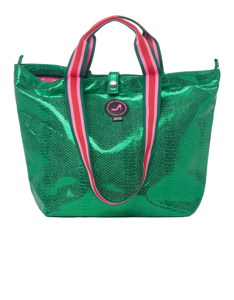 Small Tote Bag Venezia in metallic green croc print with striped handles, top zipper closure and signature logo detail.
