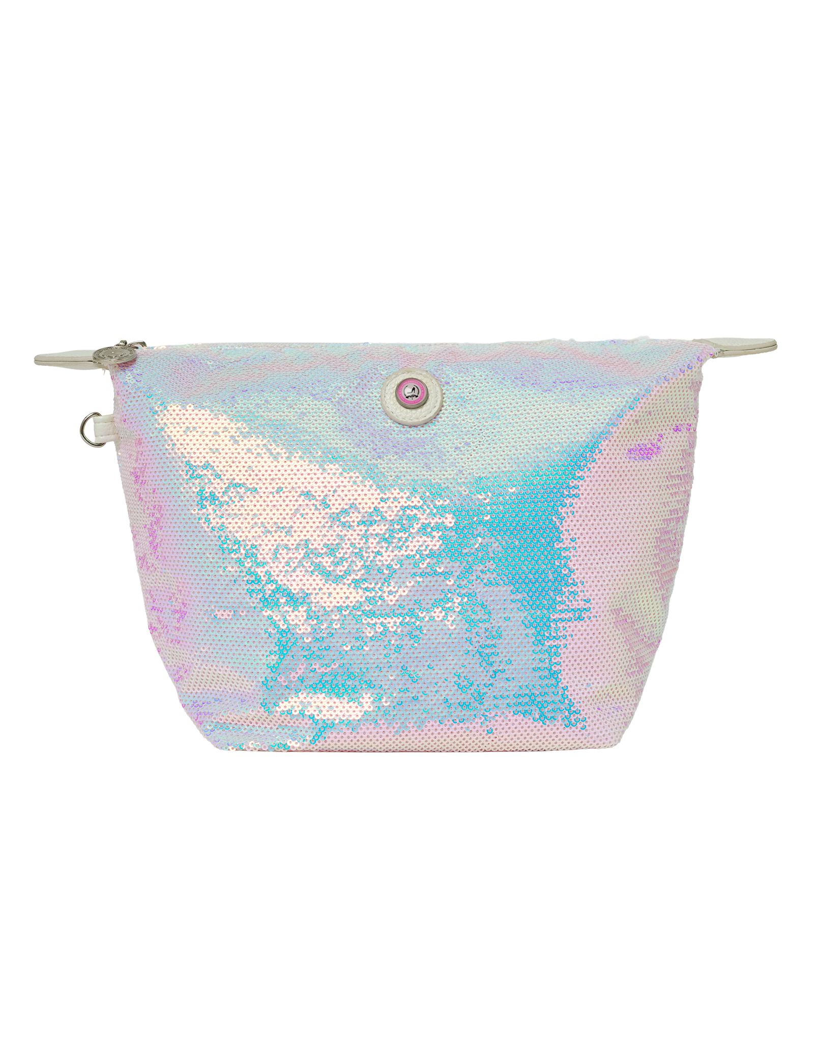 Front view of Dubai toiletry bag in white pearl unicorn sequins with zipper