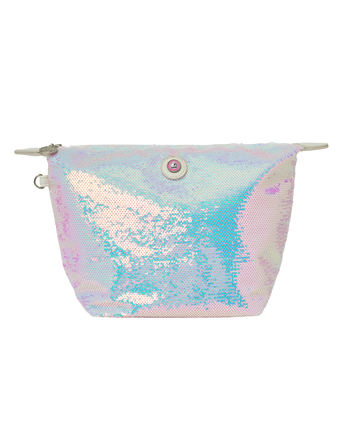 Front view of Dubai toiletry bag in white pearl unicorn sequins with zipper