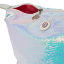 Close-up of Dubai toiletry bag in white pearl unicorn sequins with zipper, coin charm and pink lining
