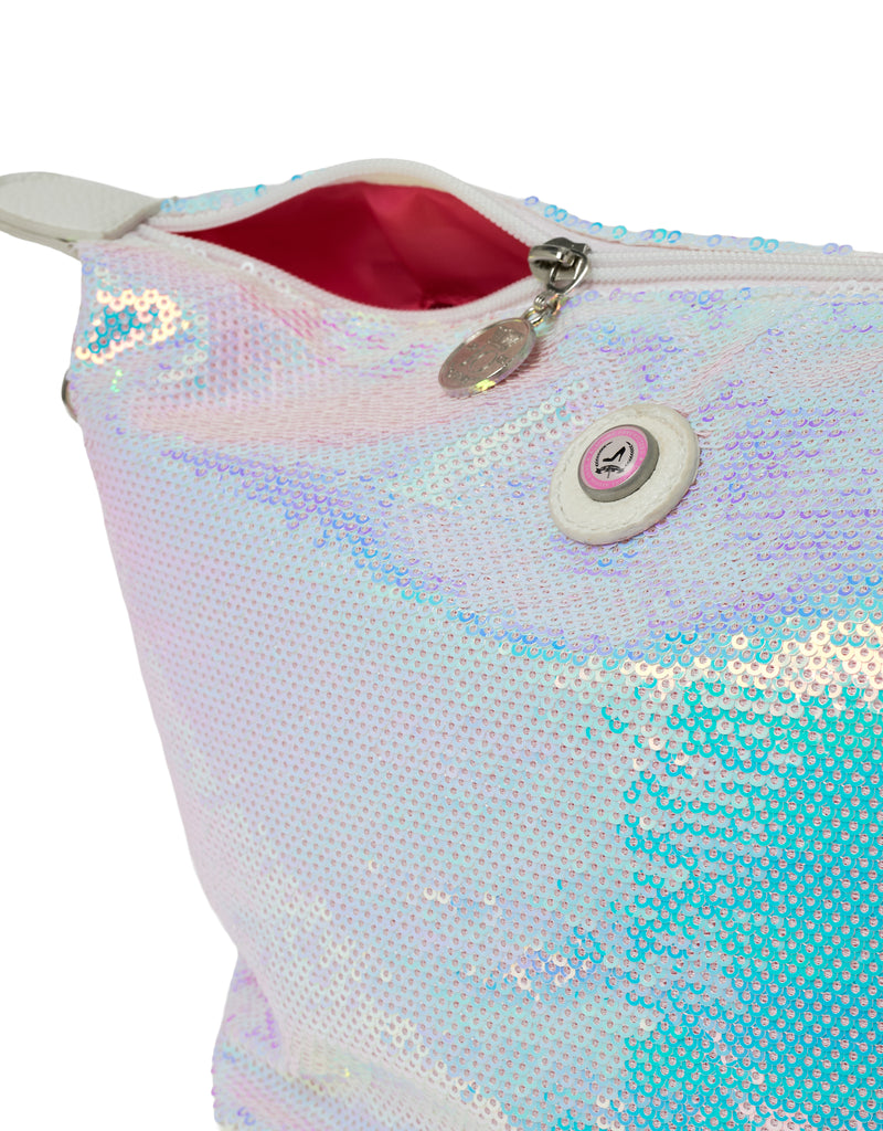 Close-up of Dubai toiletry bag in white pearl unicorn sequins with zipper, coin charm and pink lining