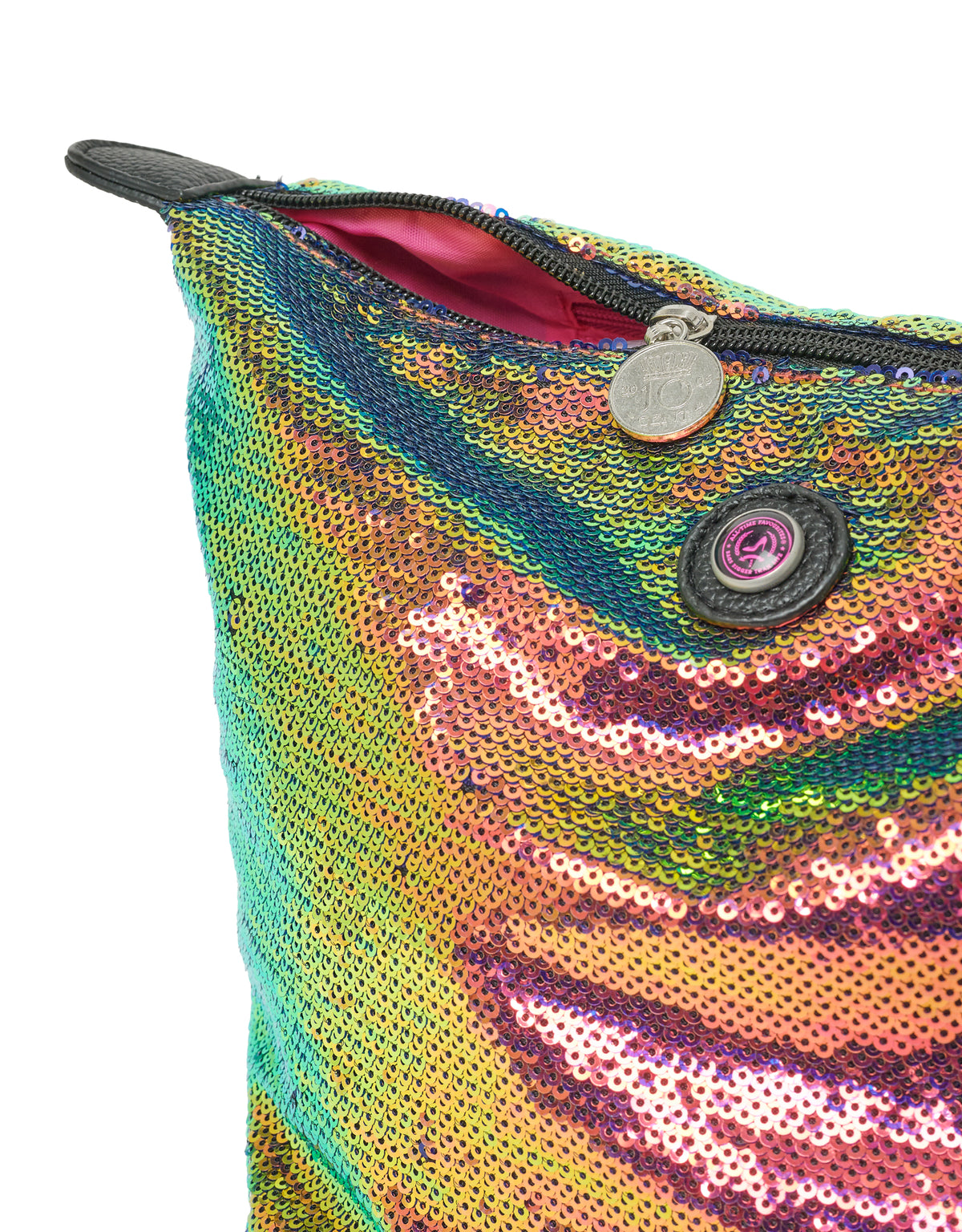 Veelkleurige toilettas met pailletten, ritssluiting en muntbedeltje, in Ibiza-stijl, voor een collectie hoogwaardige modeaccessoires.