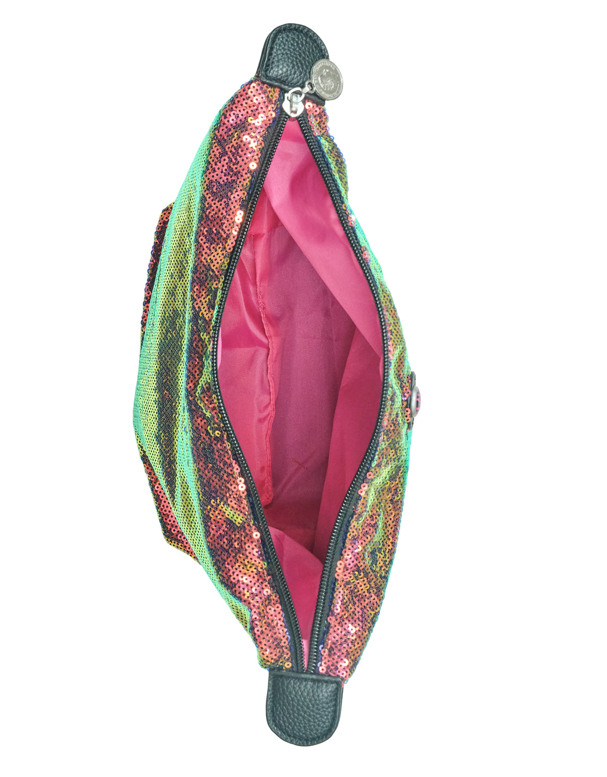 Meerkleurige toilettas met pailletten en roze voering, gedeeltelijk open rits; IBIZA-collectie, modeaccessoire.