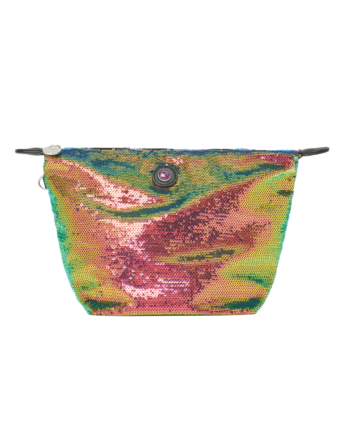 Veelkleurige toilettas met pailletten, ritssluiting en bedeltje, IBIZA-collectie, reisaccessoire voor dames.