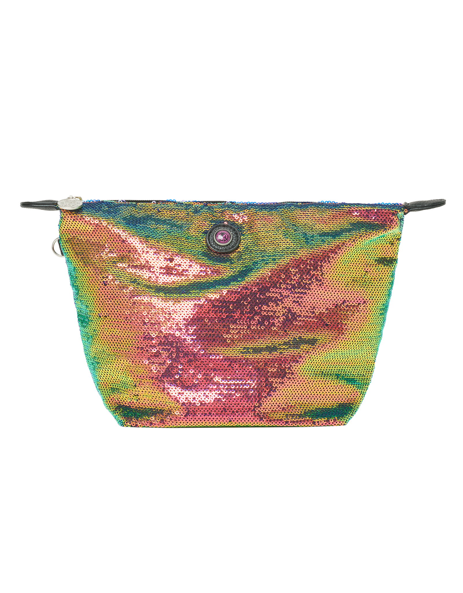 Multicolored sequin pouch on a white background