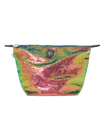 Multicolored sequin pouch on a white background