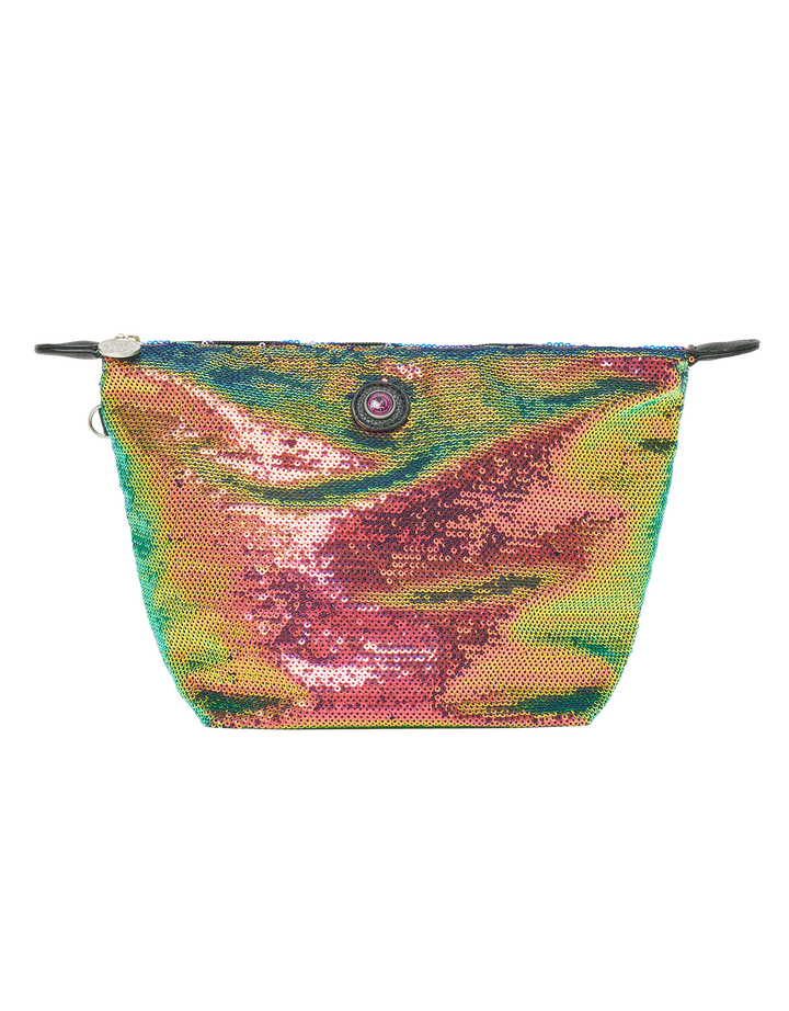 Veelkleurige toilettas met pailletten, ritssluiting en bedeltje, IBIZA-collectie, reisaccessoire voor dames.