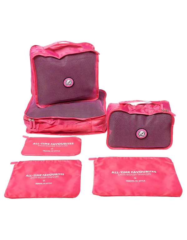 Set van zes roze nylon opbergzakjes en -tasjes voor een overzichtelijke reisuitrusting, hoogwaardige modeaccessoires.