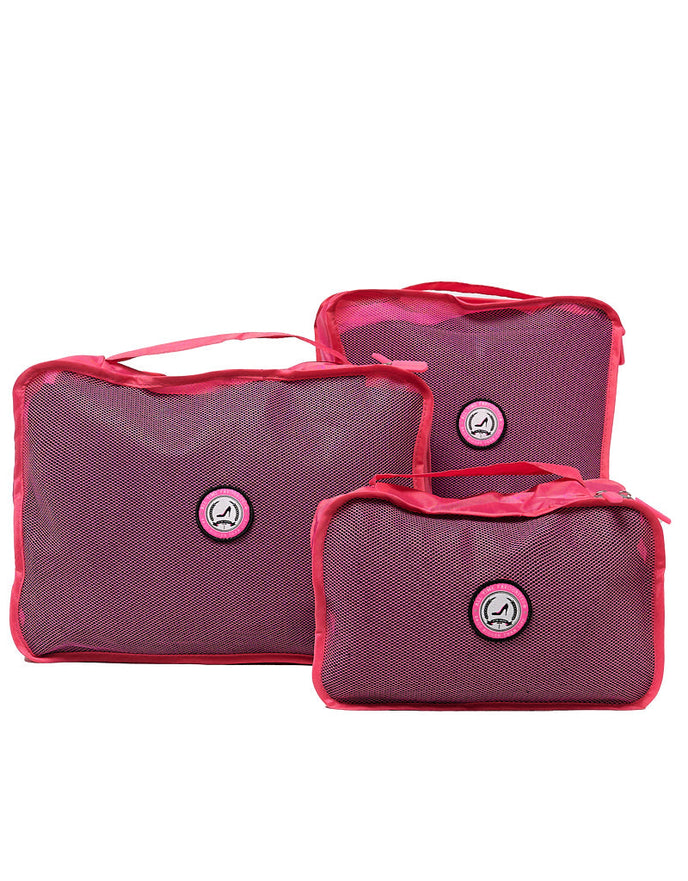 The Packing Cubes Travel Set features three pink cubes in different sizes, each with a top handle and circular center logo—ideal organizers for your next trip.