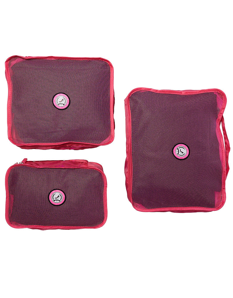 The Packing cubes travel set includes three pink organizers of various sizes with mesh tops and round center logos, displayed on a white background—ideal for keeping your luggage organized during travel.